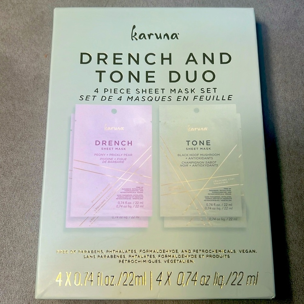 Karuna drench and tone face mask duo. 4 piece sheet mask set.